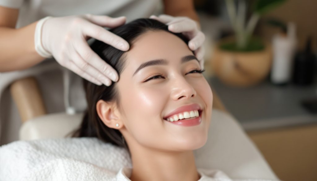 Singapore lady getting scalp treatment in a professional salon and looking happy with the treatment Singapore lady getting scalp treatment in a professional salon and looking happy with the treatment